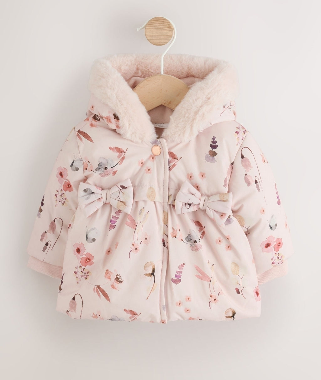 Watercolour Printed Bow Front Puffer Baby Jacket