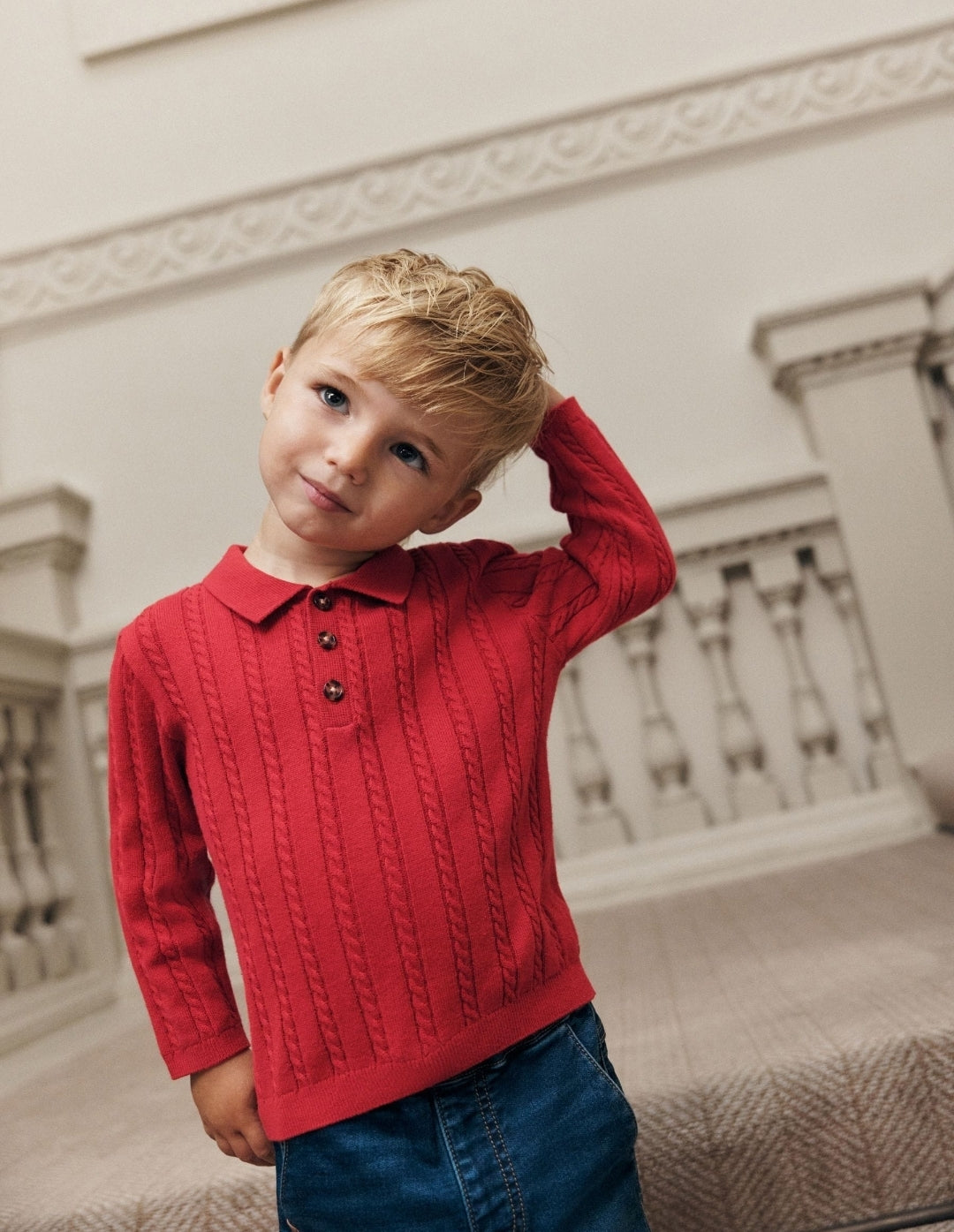 Red Cable Knit Polo Shirt