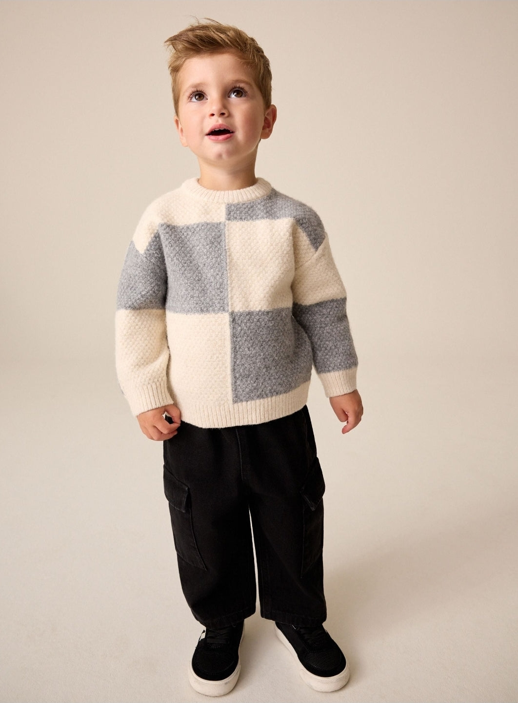 Grey/White Checkerboard Knit Crew Neck Jumper