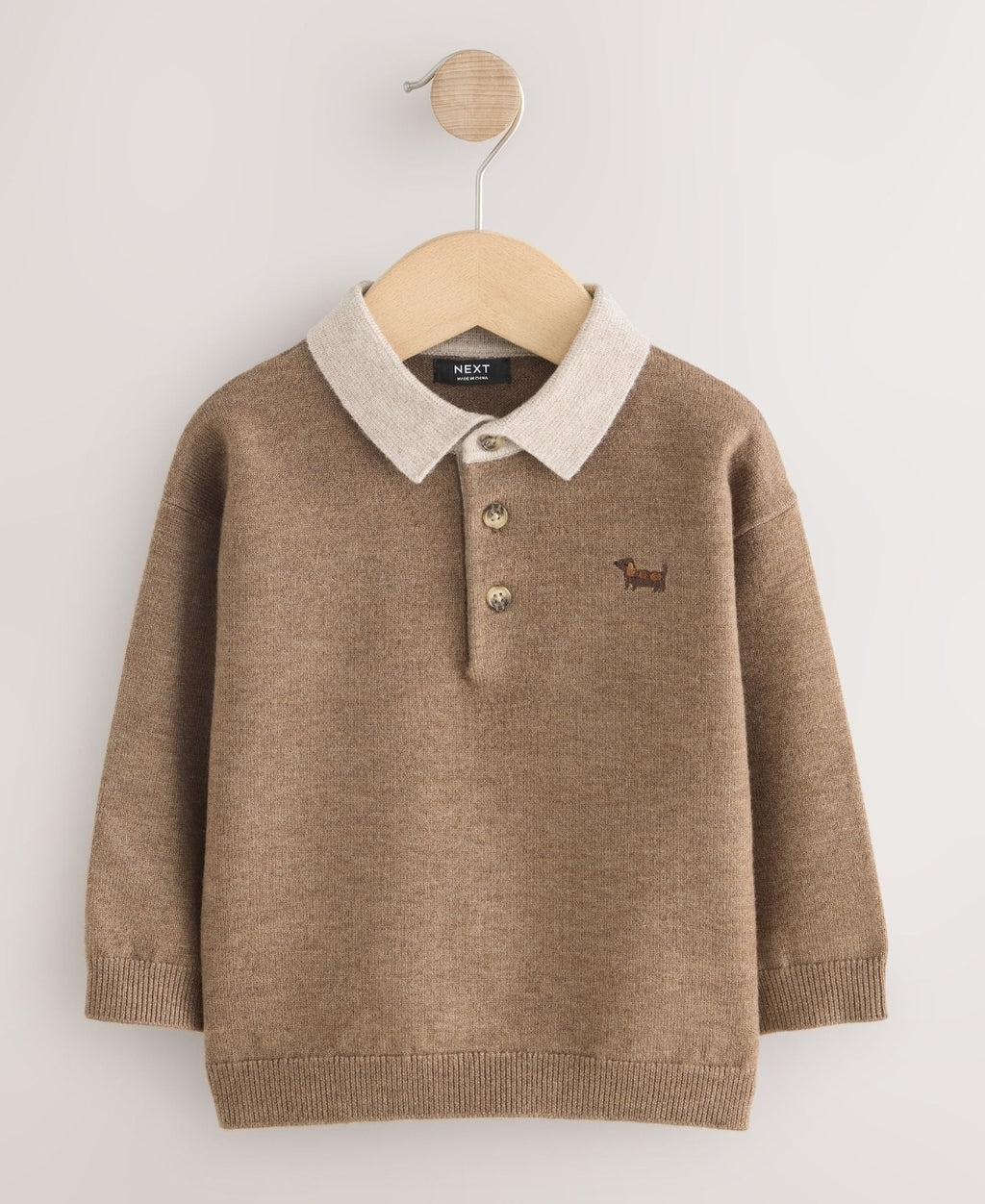 Tan Brown Contrast Collar Button Neck Knitted Polo Shirt