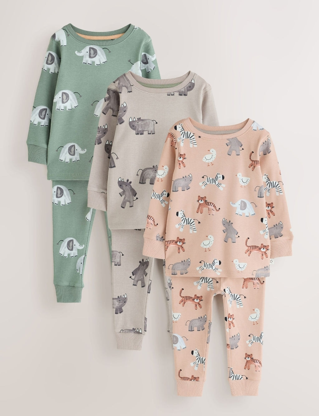 Neutral/Blush Animals Snuggle Pyjamas 3 Pack
