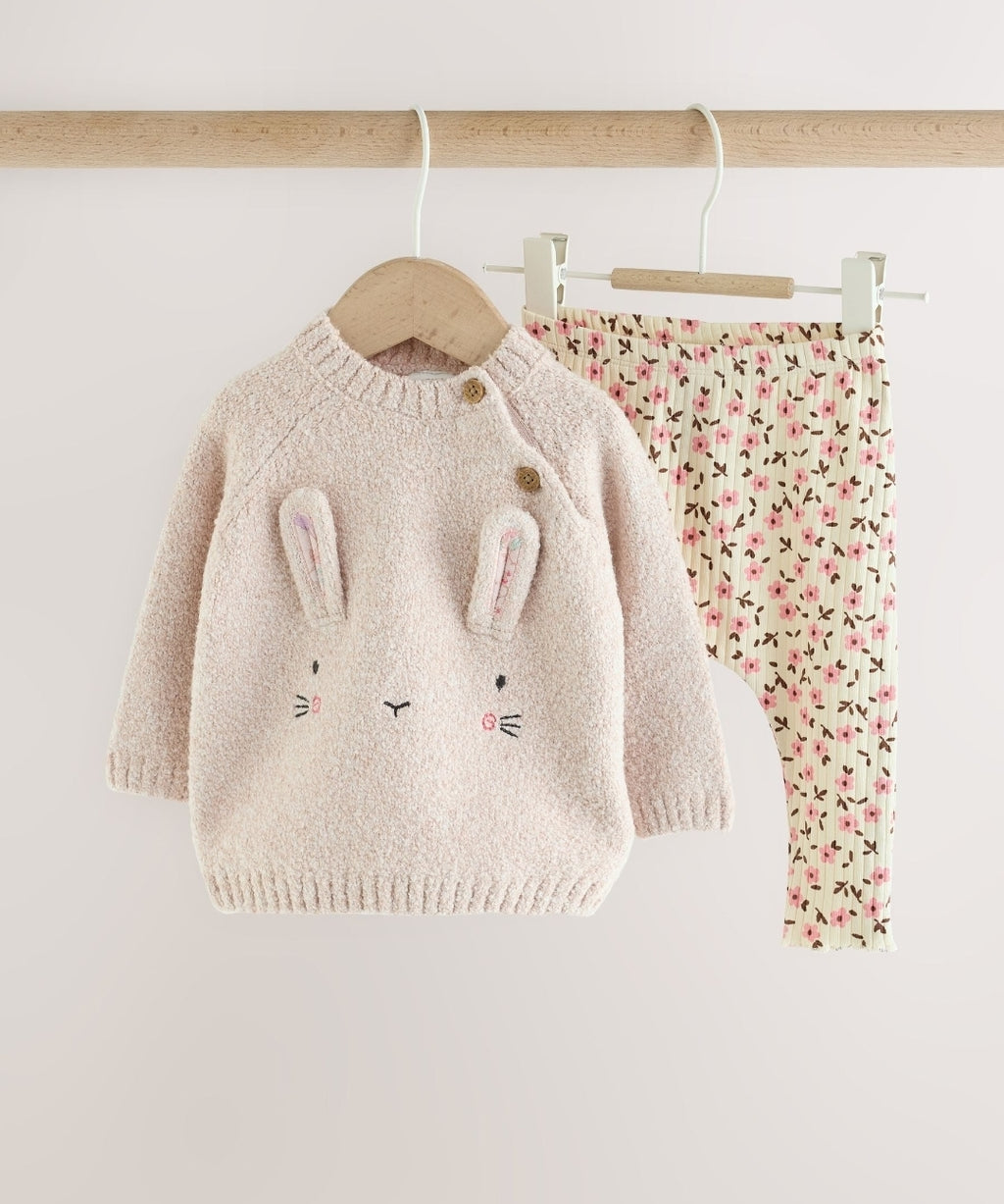Ecru Bunny Knitted Jumper and Floral Leggings Baby Set 2 Piece