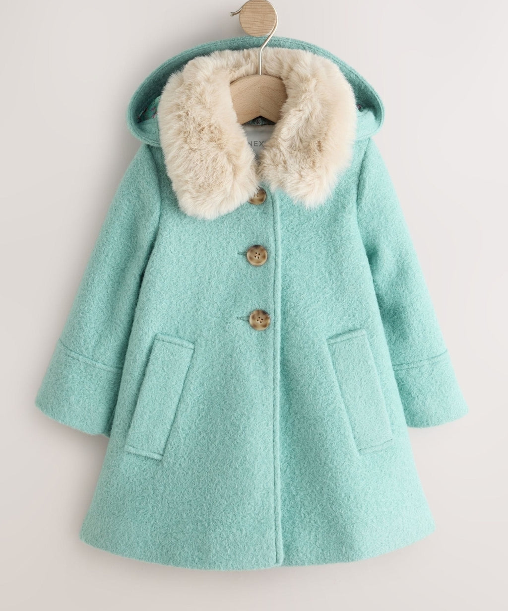Blue Faux Fur Collar Hooded Coat