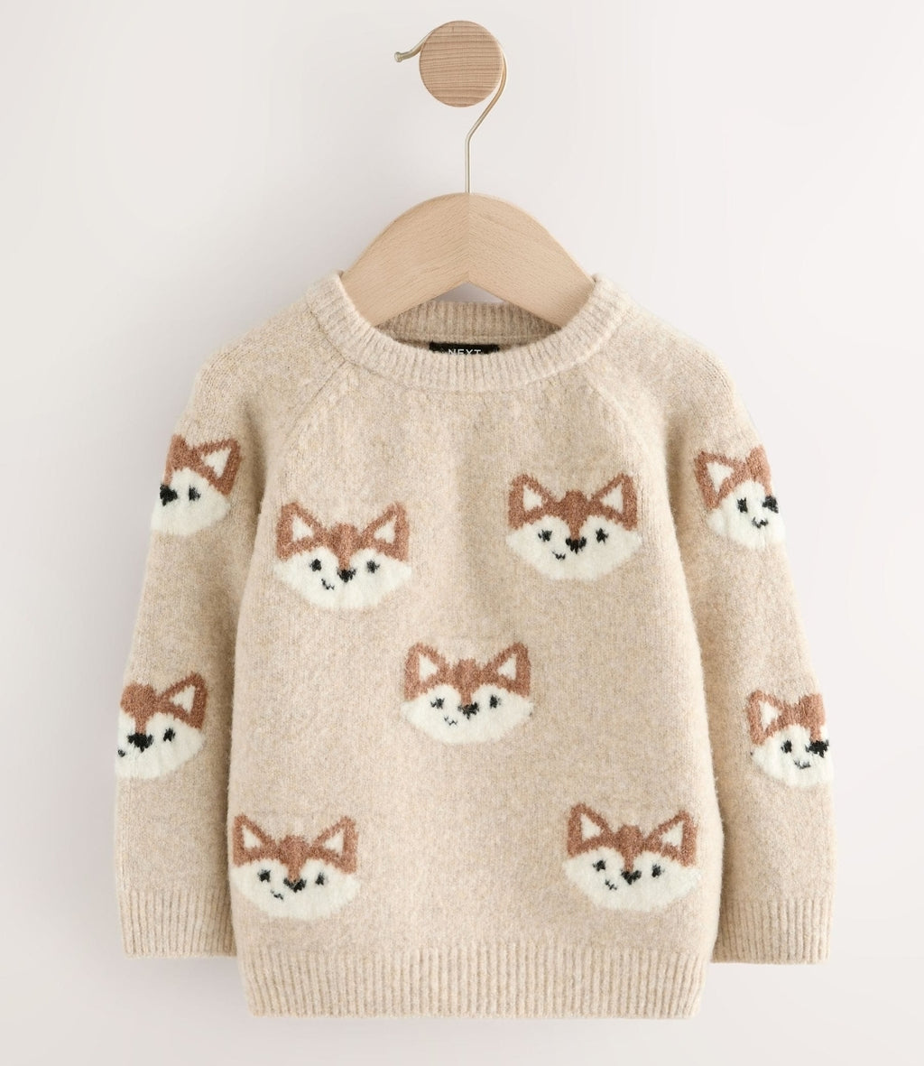 Neutral Fox Print Knitted Crew Neck Jumper