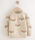 Neutral Fox Print Knitted Crew Neck Jumper