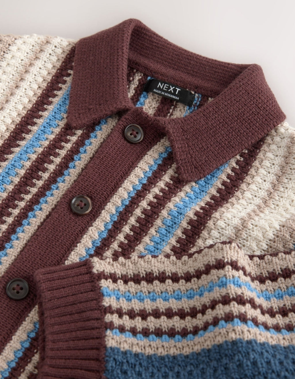 Blue/Brown Button Through Knitted Polo Shirt