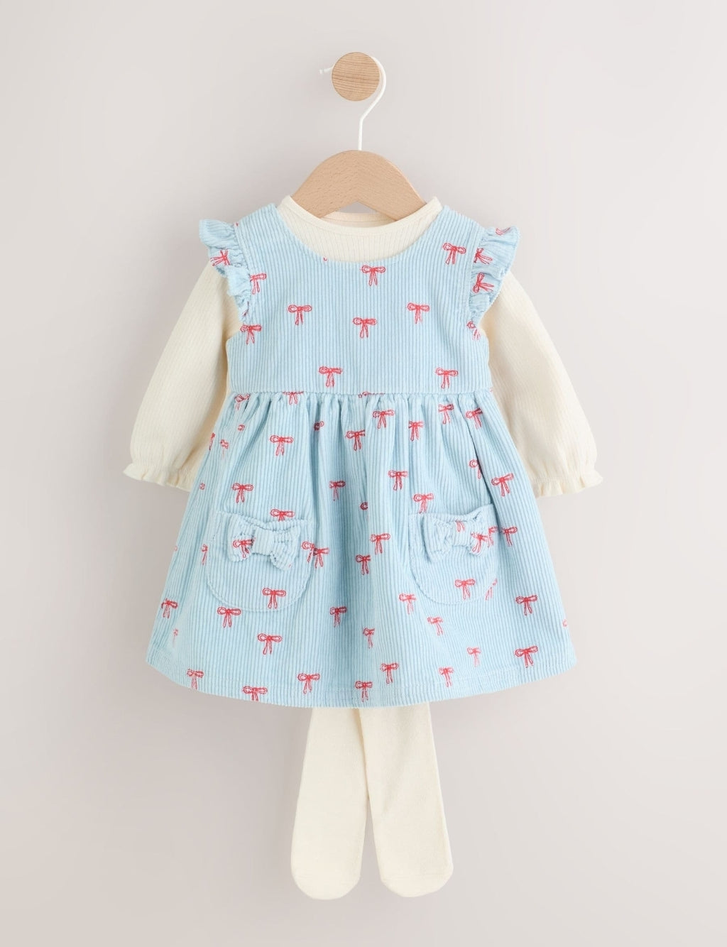Blue Bow Baby Cord Pinafore Long Sleeve Bodysuit & Tights Set