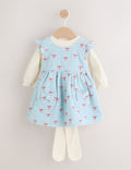 Blue Bow Baby Cord Pinafore Long Sleeve Bodysuit & Tights Set
