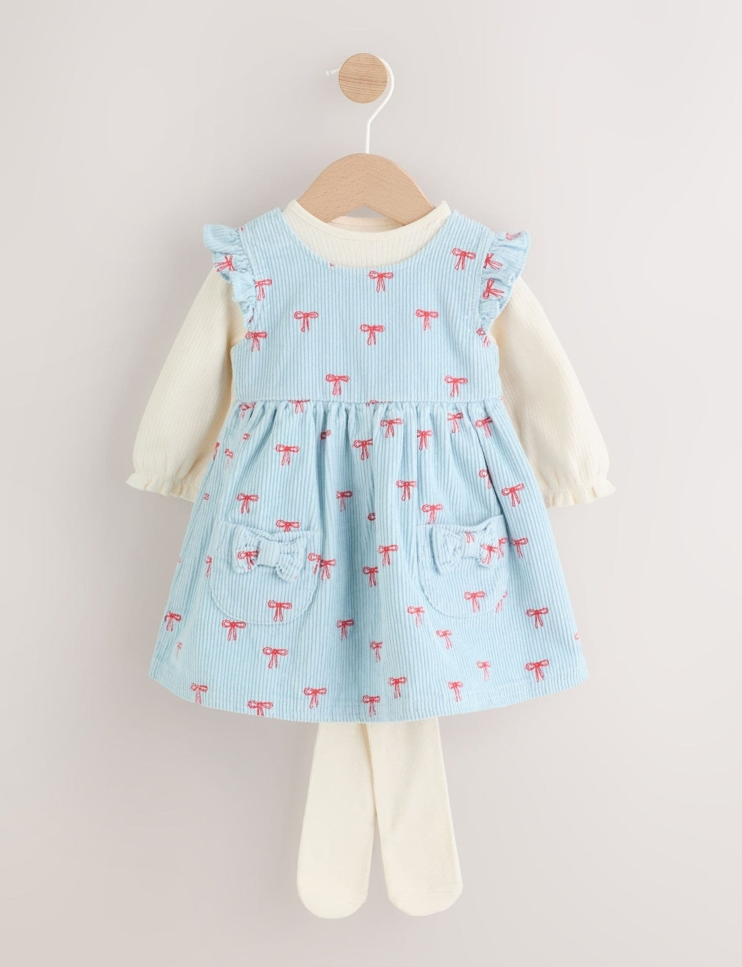 Blue Bow Baby Cord Pinafore Long Sleeve Bodysuit & Tights Set