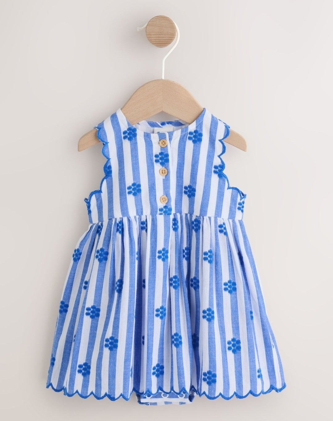 Blue Stripe Woven Baby Dress With Intergrated Bodysuit