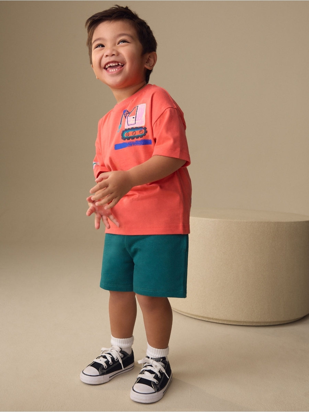 Coral Pink Digger Short Sleeve Back
Print T-Shirt and Shorts Set