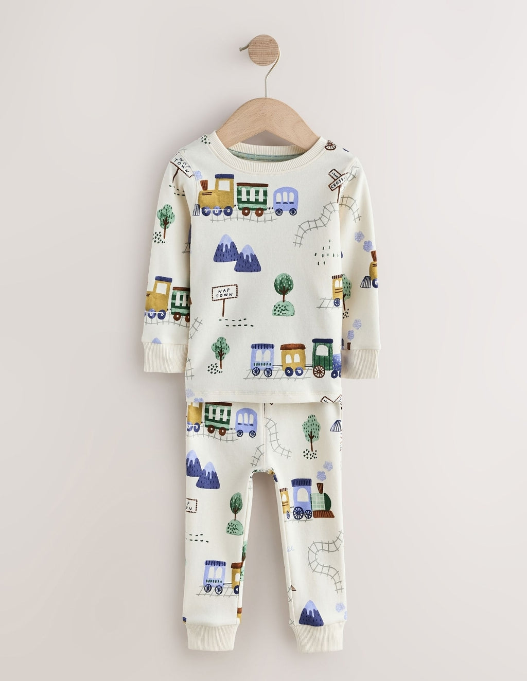 Green/Ecru Train Mini Print Snuggle Pyjamas 3 Pack