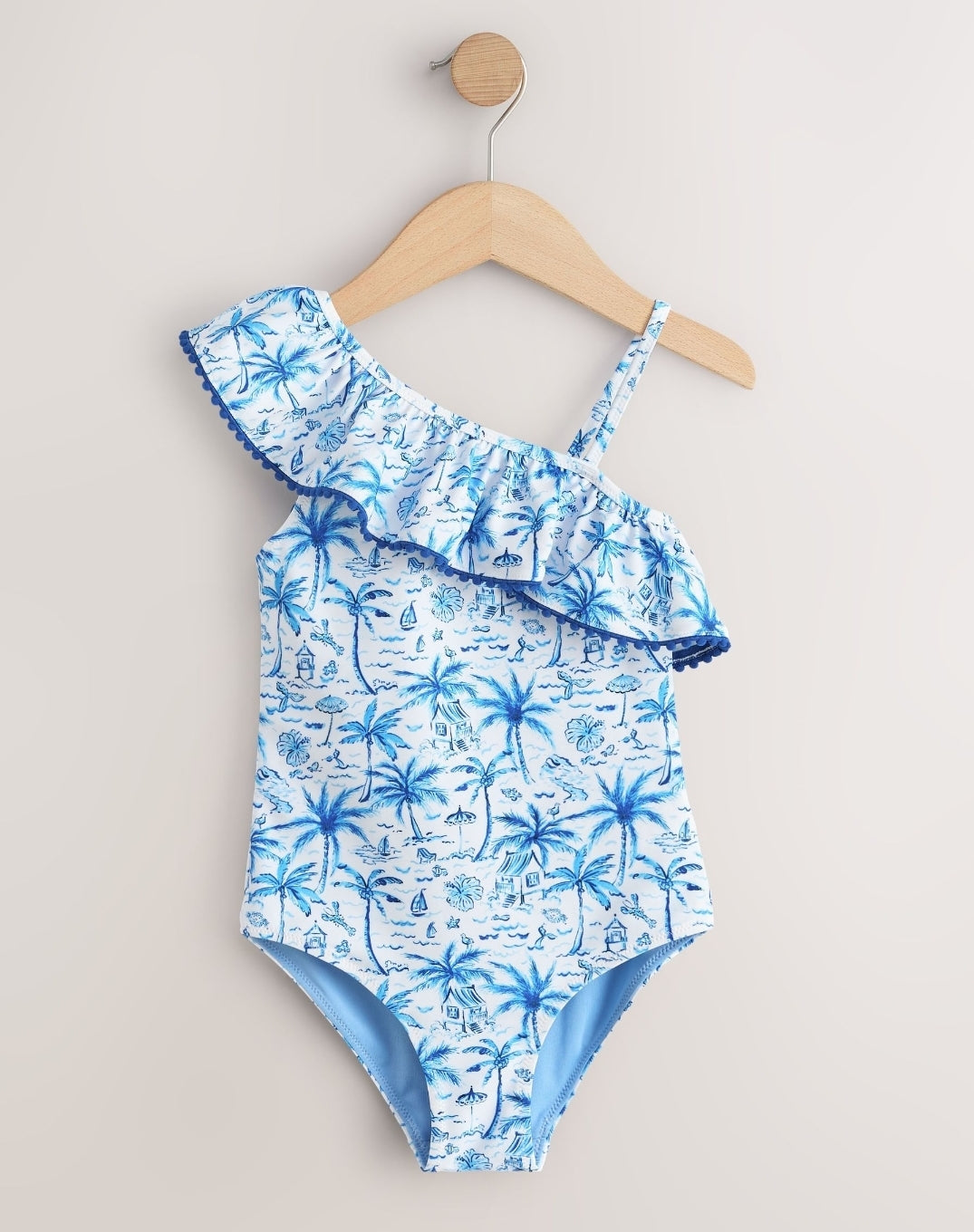 Blue Palm Print One Shoulder
Swimsuit