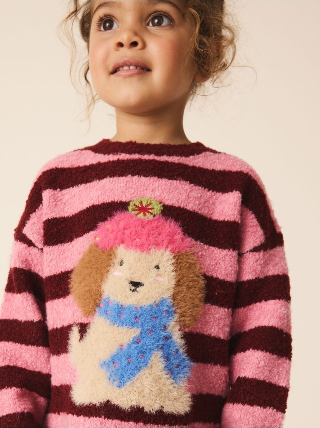 Pink Stripe Dog Jacquard Knitted Jumper Dress And Tights Set