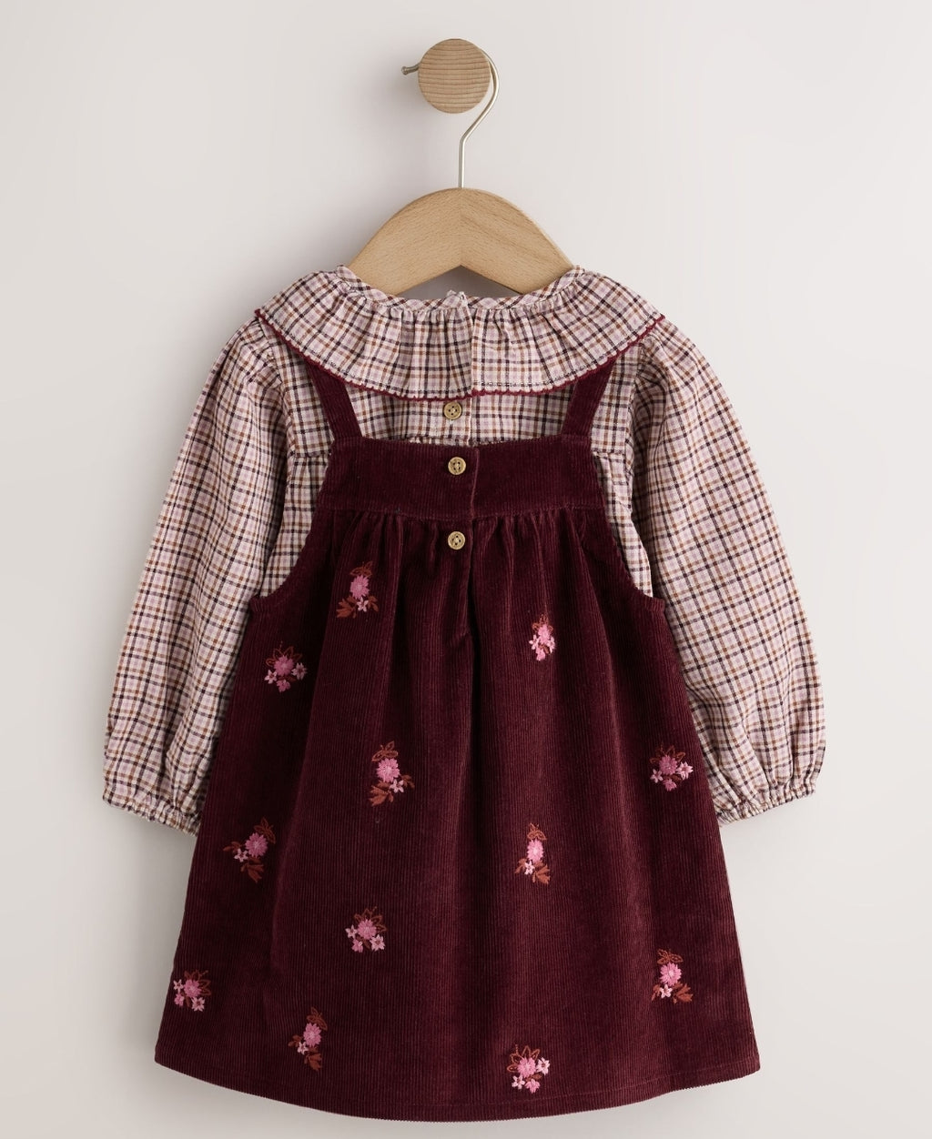 Berry Pink Blouse and Embroidered Cord Pinafore Set