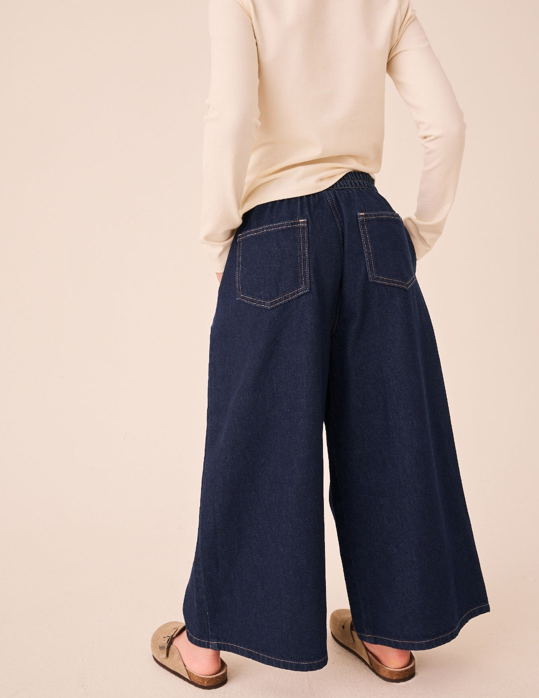 Blue Rinse Wash Denim Pull On Wide Leg Jeans