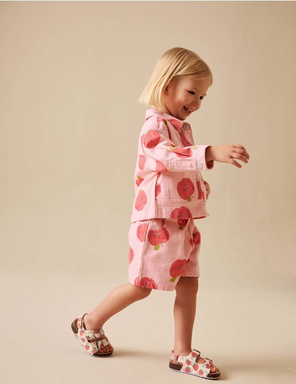 Pink Apple Printed Jacket And Shorts Set