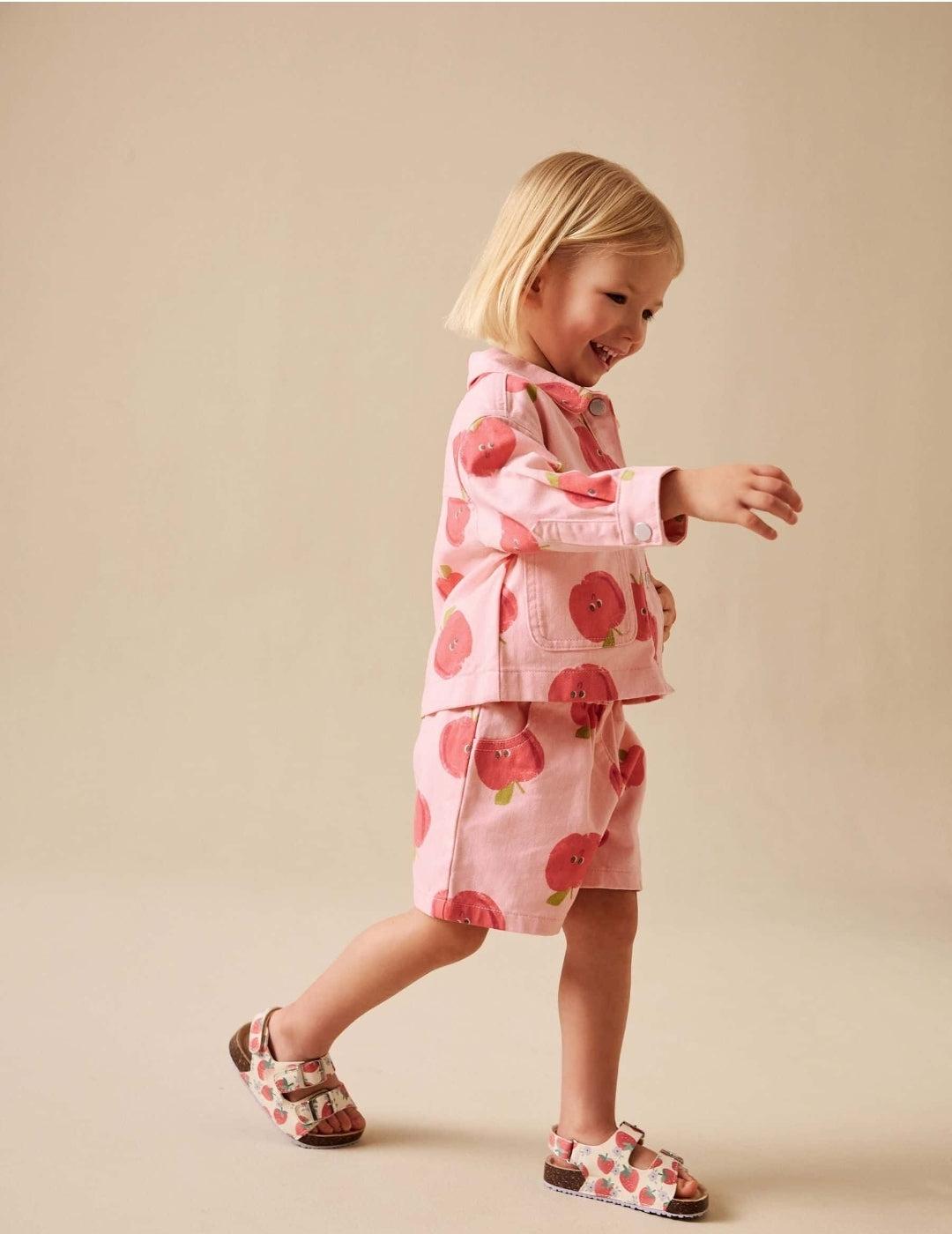 Pink Apple Printed Jacket And Shorts Set