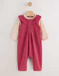 Red Corduroy Baby Long Sleeve Bodysuit And Dungarees Set 2