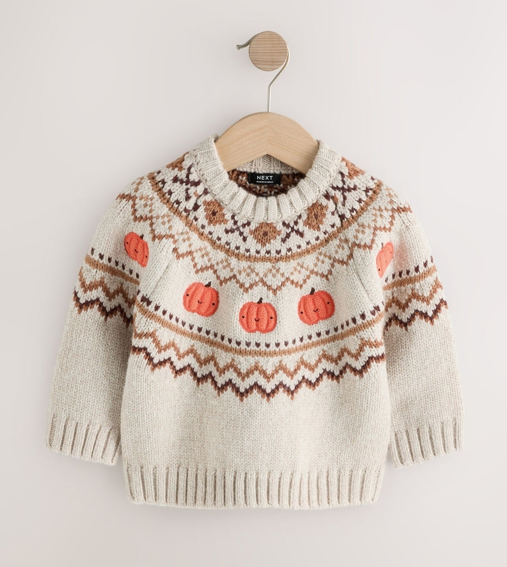 Neutral Pumpkin Fairisle Halloween Knitted Crew Neck Jumper