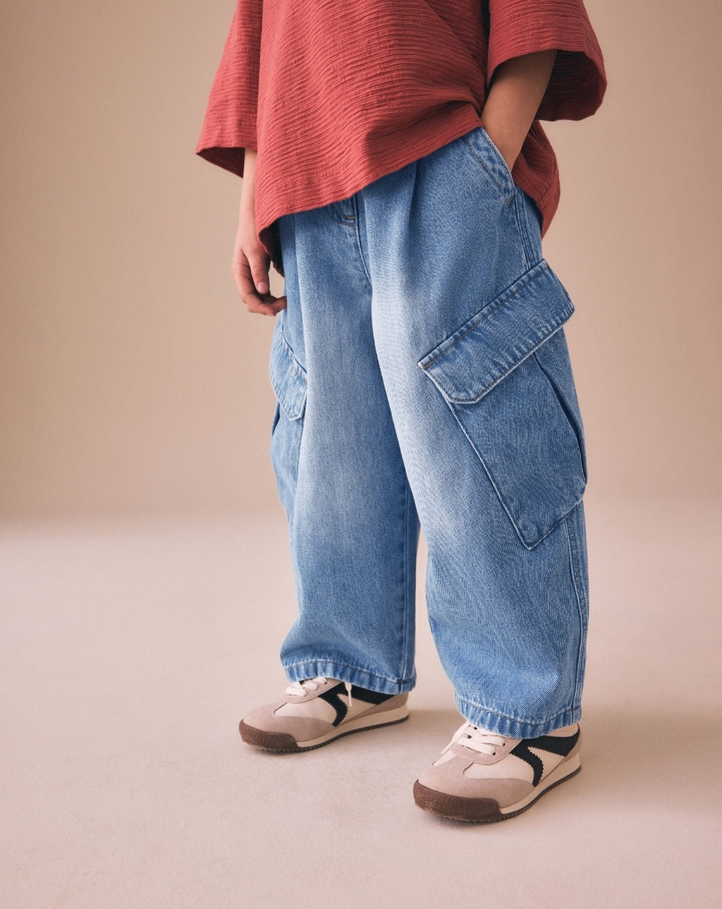 Mid Blue Denim Cargo Barrel Jeans