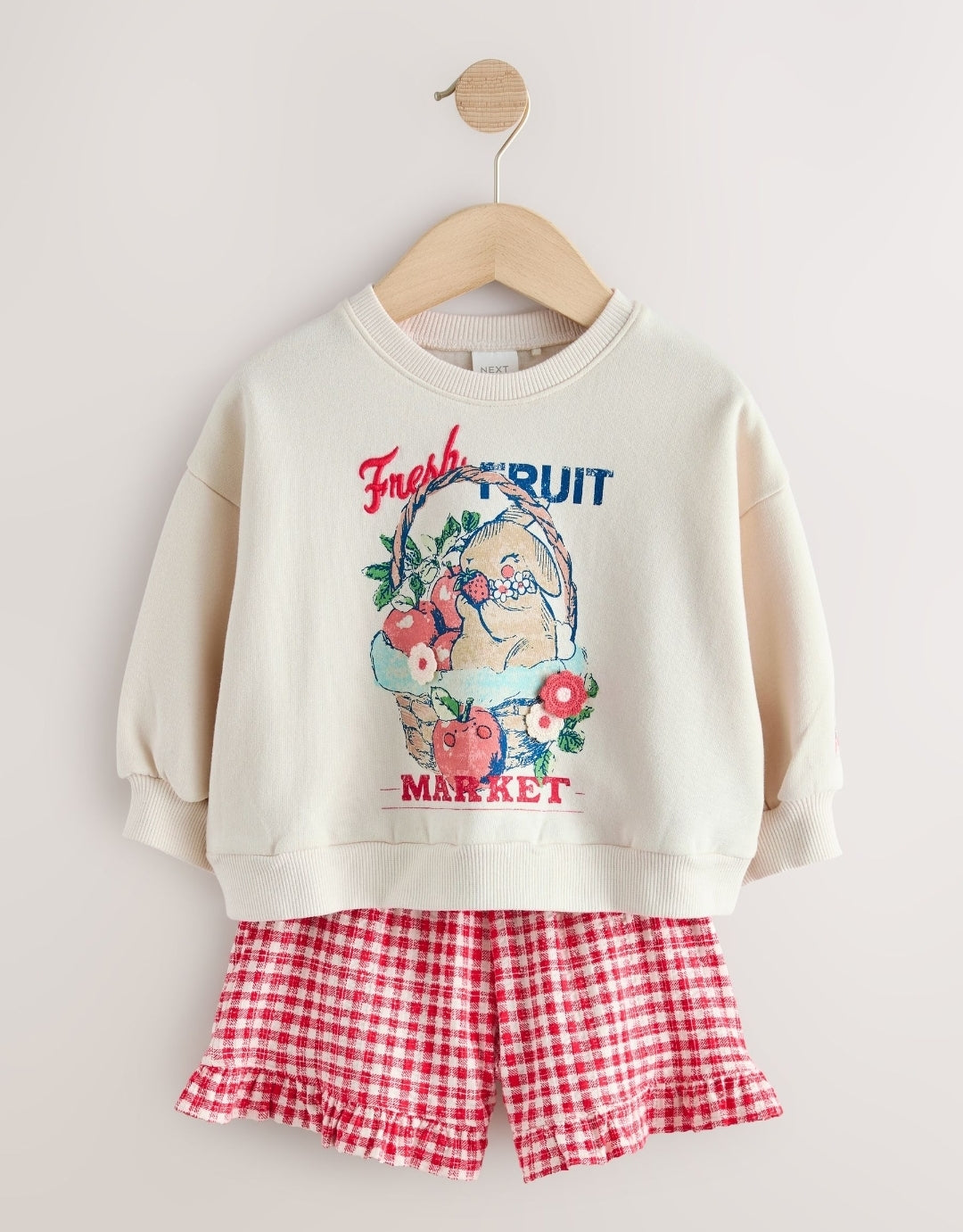 Cream Gingham Fruit Market Crew
Neck Sweatshirt & Shorts Set