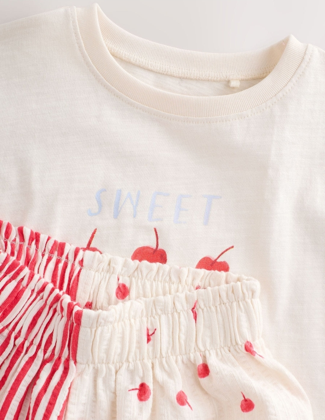 Ecru White Bunny Cherry Short Sleeve T-Shirt and Shorts Set