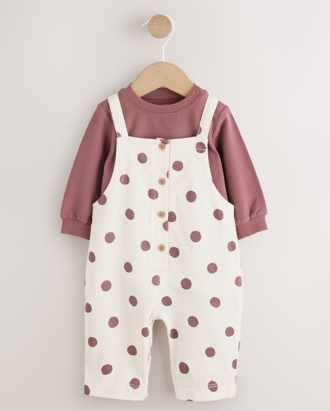 Brown/Cream Spot Baby Long Sleeve Bodysuit And Woven Dung