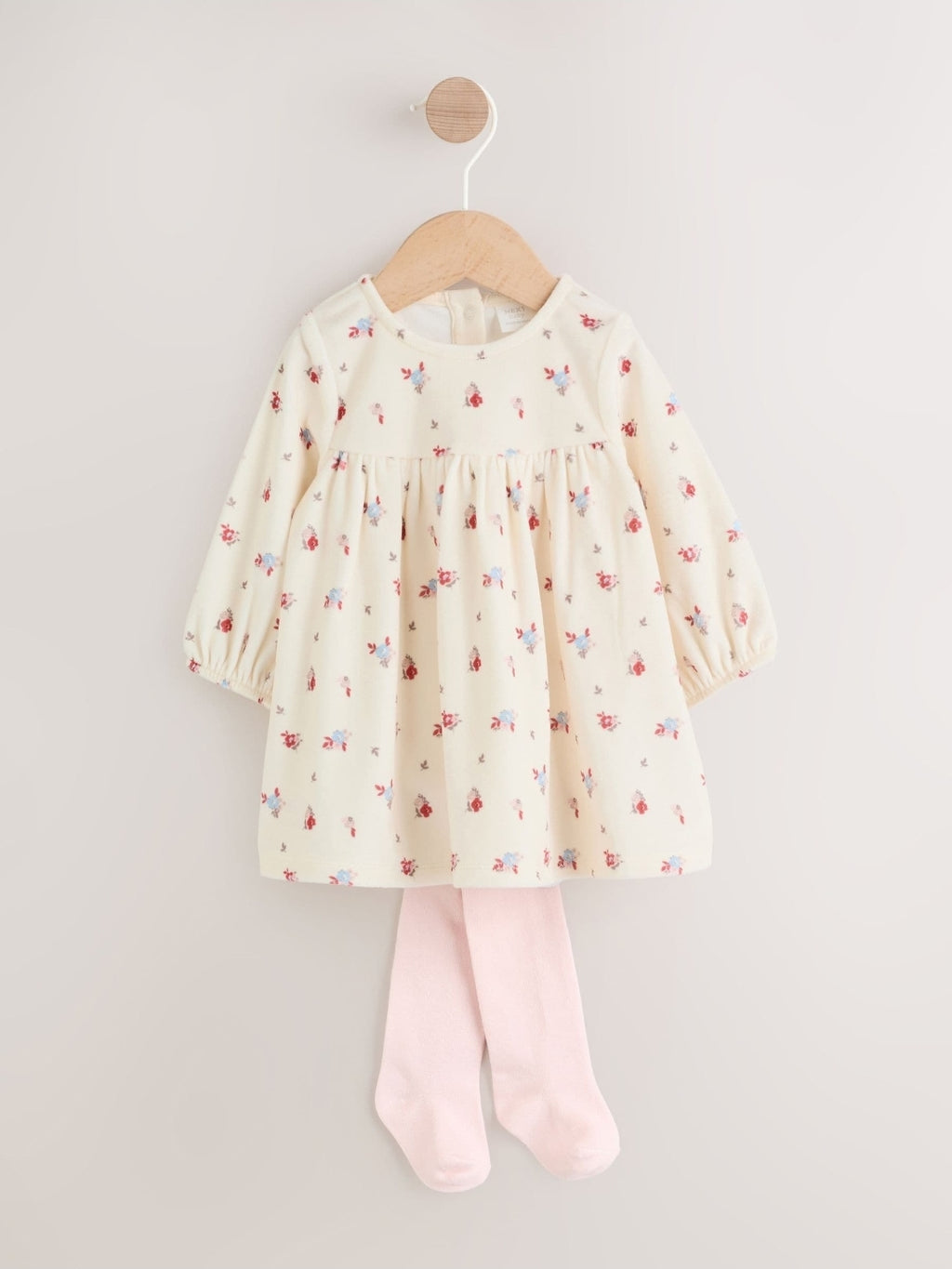 Cream Ditsy Baby Long Sleeve Velour Dress and Tights Set 2