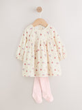 Cream Ditsy Baby Long Sleeve Velour Dress and Tights Set 2