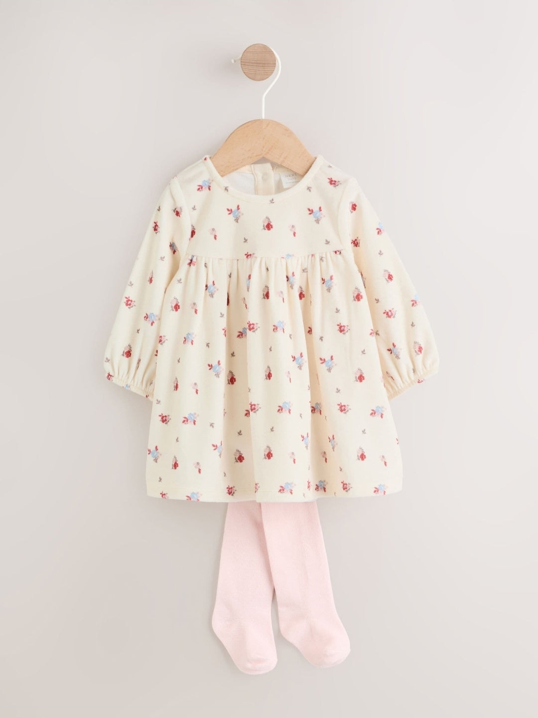 Cream Ditsy Baby Long Sleeve Velour Dress and Tights Set 2