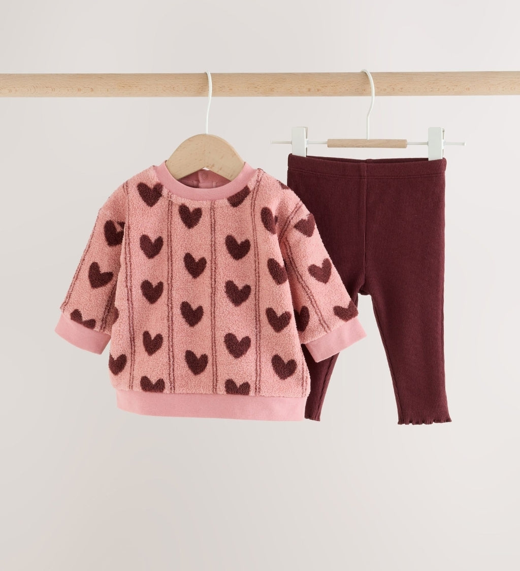 Pink Heart Baby Fleece Sweater and Leggings Set 2 Piece