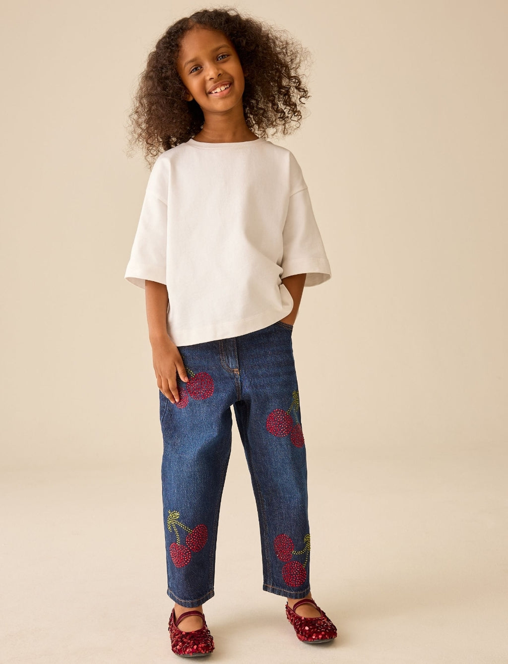 Dark Wash Diamante Cherries Barrel Jeans