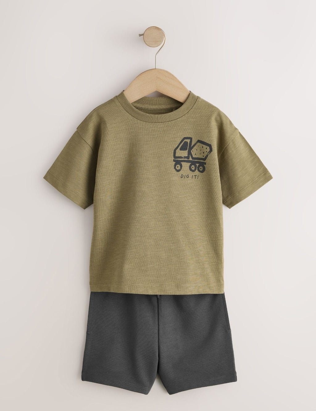Khaki Green Digger Short Sleeve Back Print T-Shirt and Shorts Set