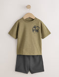 Khaki Green Digger Short Sleeve Back Print T-Shirt and Shorts Set