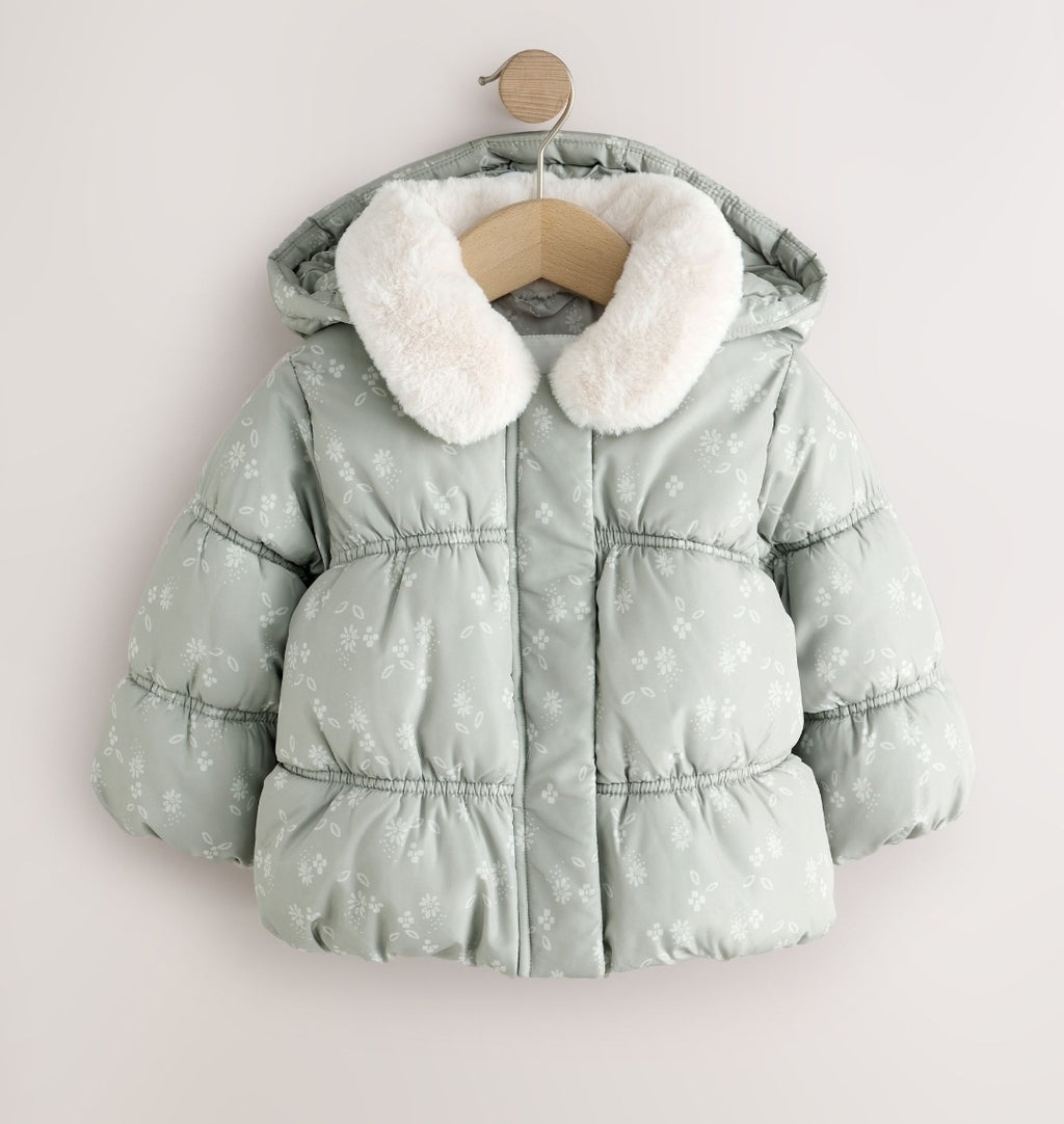 Sage Green Floral Shower Resistant Faux Fur Collar Padded