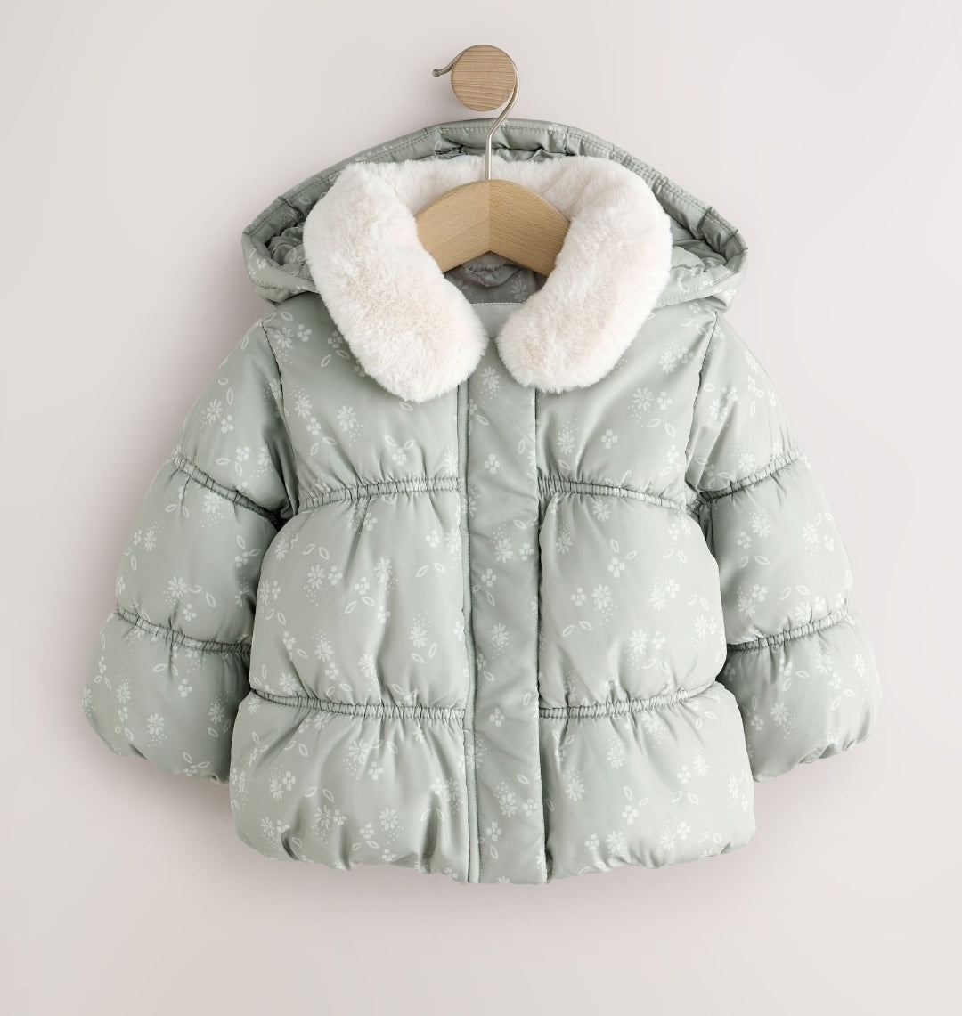 Sage Green Floral Shower Resistant Faux Fur Collar Padded