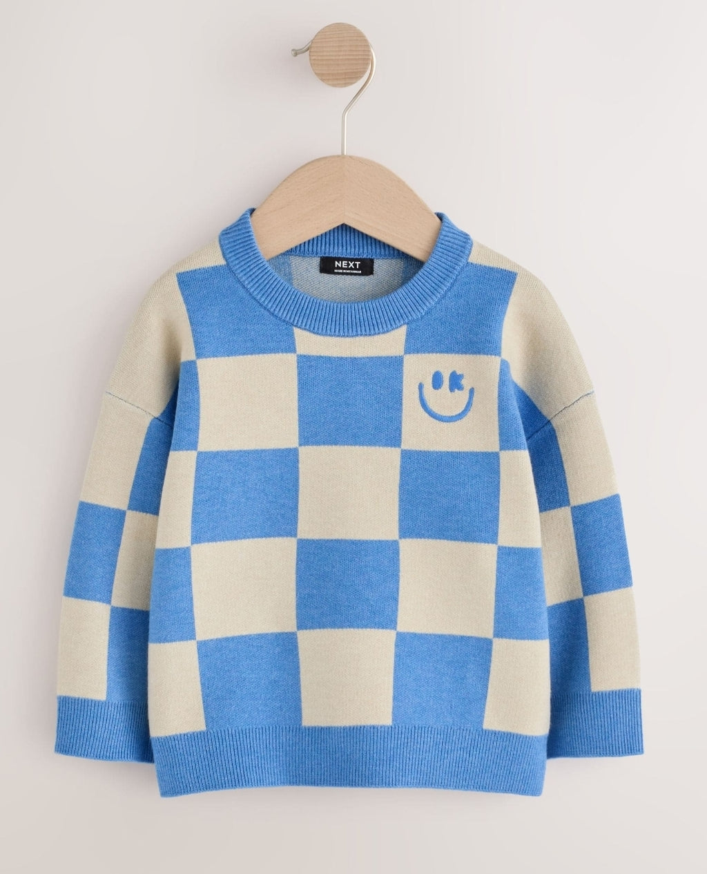 Blue Checkerboard Knitted Crew
Neck Jumper