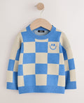 Blue Checkerboard Knitted Crew
Neck Jumper