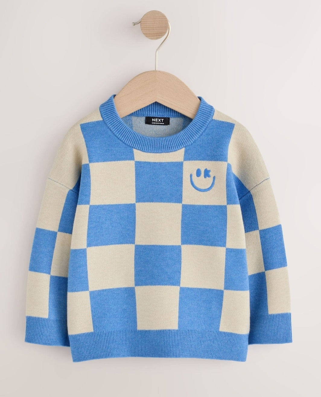 Blue Checkerboard Knitted Crew
Neck Jumper