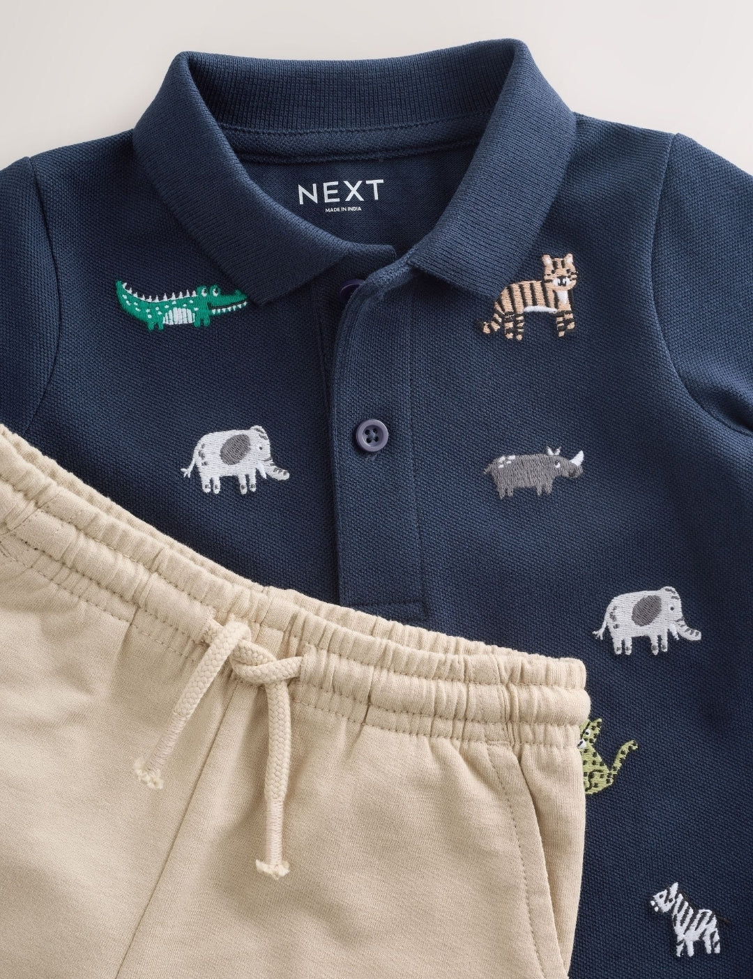 Navy All Over Embroidery Safari Animals Short Sleeve Polo Shirt