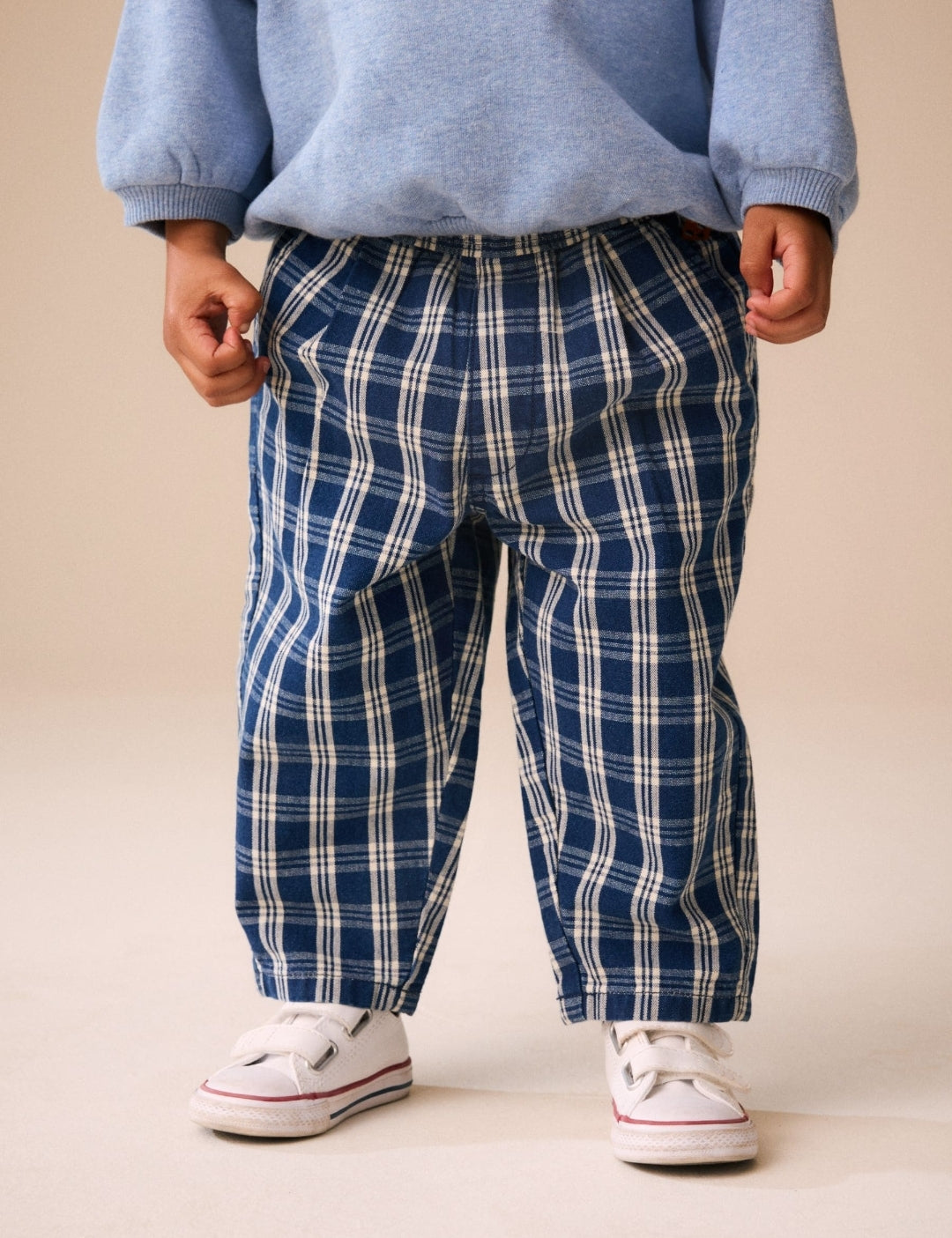 Dark Blue Grid Check Barrel Jeans