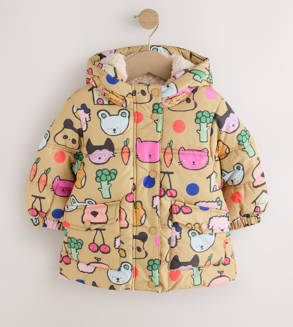 Character Print Shower Resistant Padded Coat with Hood Spikes