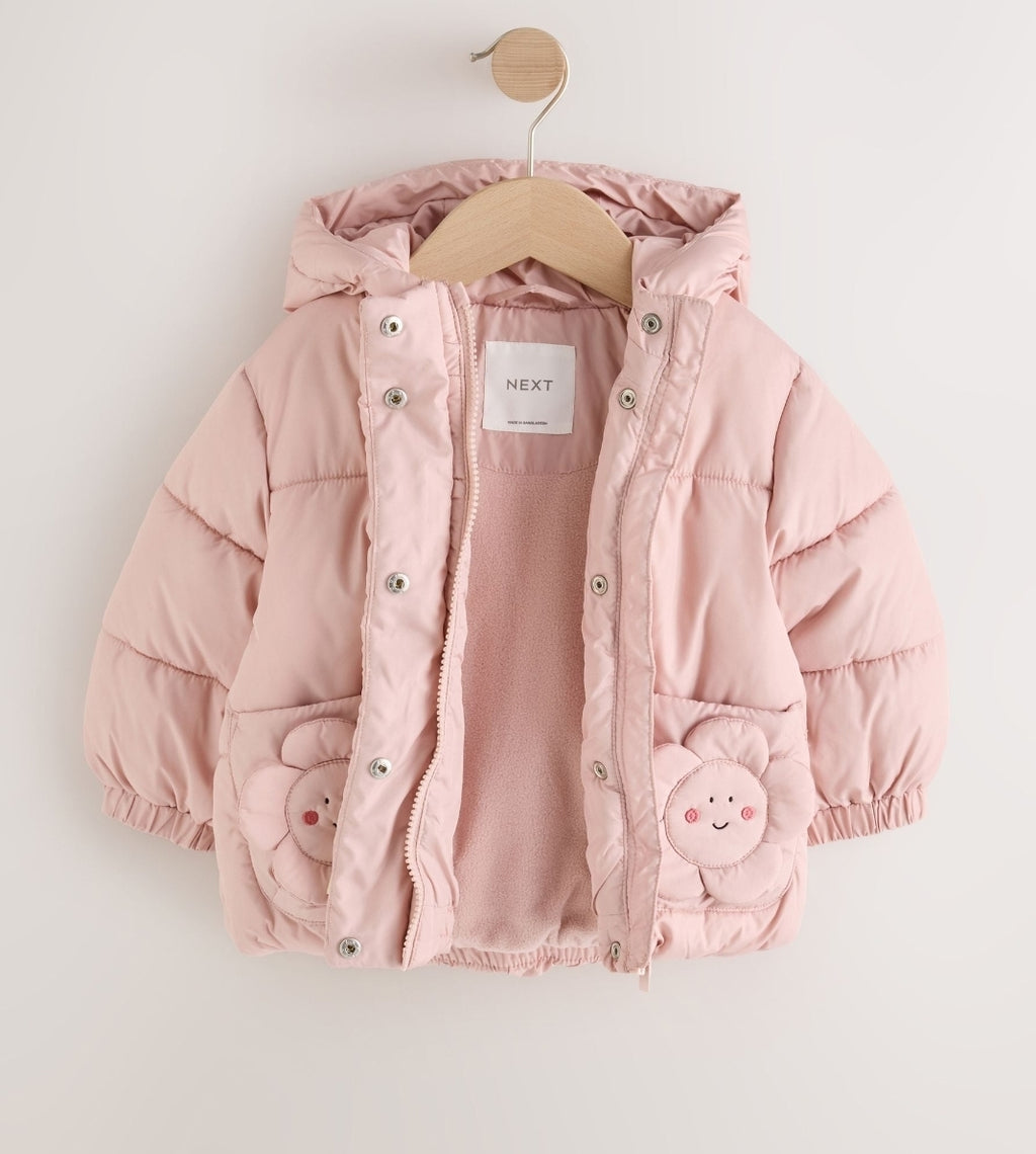 Light Pink Flower Pockets Shower Resistant Padded Coat
