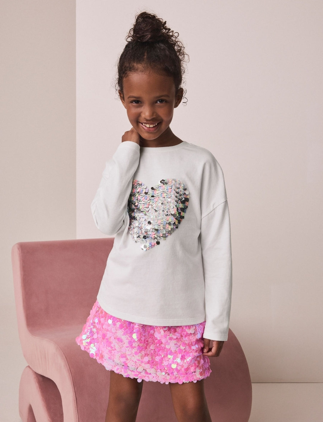 White Long Sleeve Sequin Heart Top