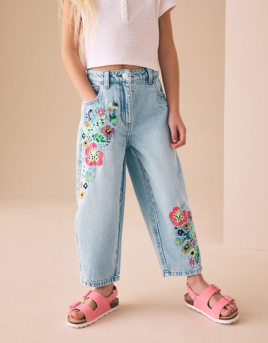 Fluro Embroidery Barrel Leg Jeans