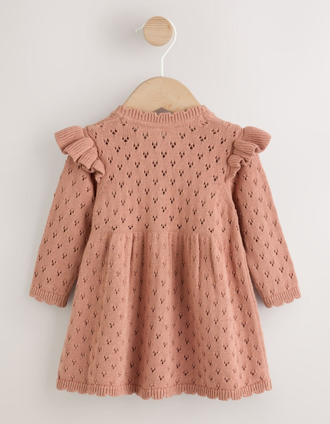 Rust Brown Pointelle Knitted Frill Shoulder Baby Dress