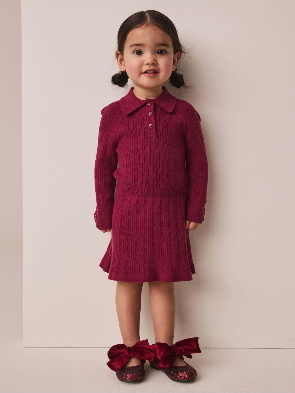 Berry Red Collared Jumper And Skirt Set