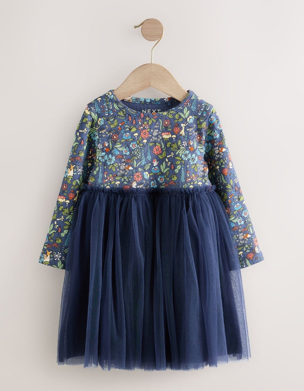 Navy Floral Long Sleeve Mesh Party Dress