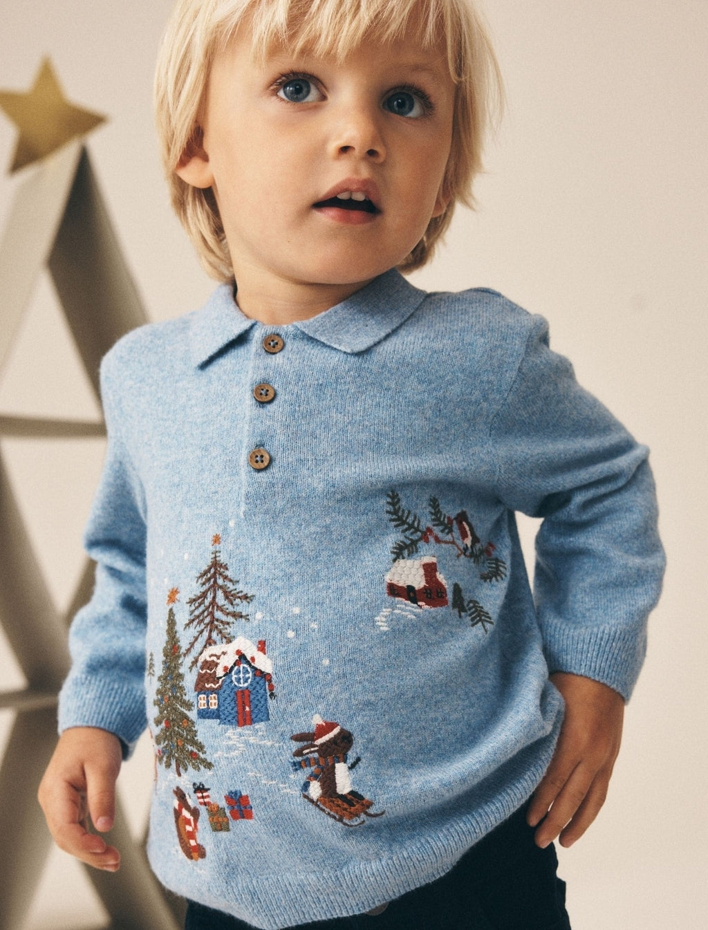 Blue Christmas Knitted Polo Shirt